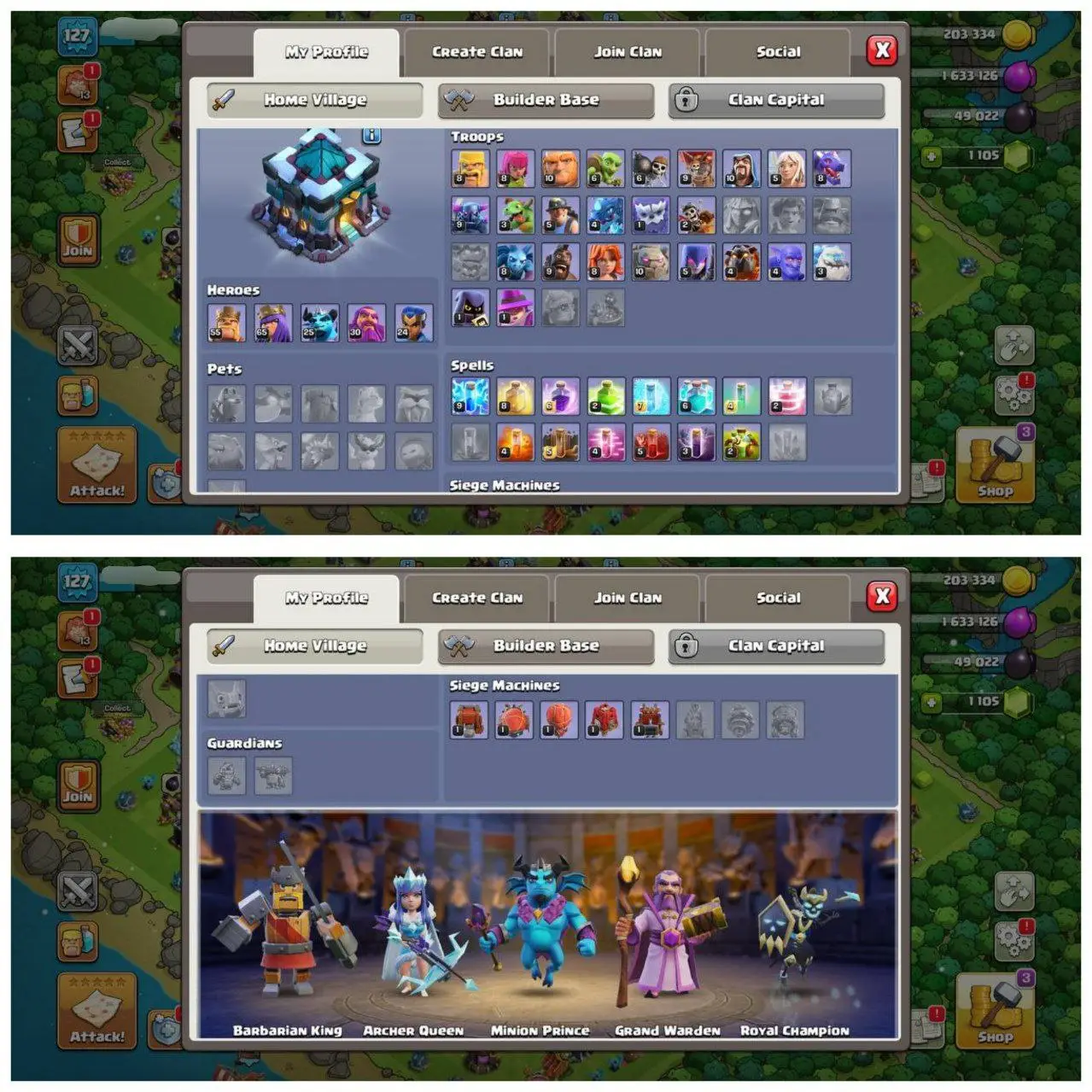 {55% DISCOUNT} TH13 ALMOST MAX ID⚡️6 EPIC EQUIPMENT⚡️XP-127⚡️HERO 55-65-25-30-24⚡️500 GEMS NAME CHANGE⚡️ MAGIC ITEMS⚡️OP LAB⚡️INSTANT DELIVERY 🚚