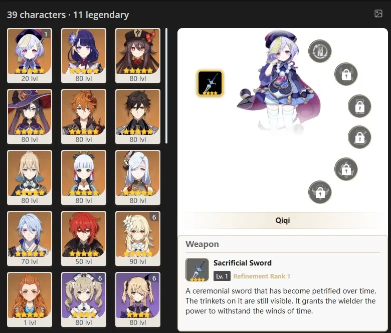 ASIA- AR:57- C1  QIQI - ALOY - DILUC - SHENHE - KAMISATO AYAKA - JEAN - ZHONGLI - TARTAGLIA - MONA - HU TAO - RAIDEN SHOGUN - 39 characters