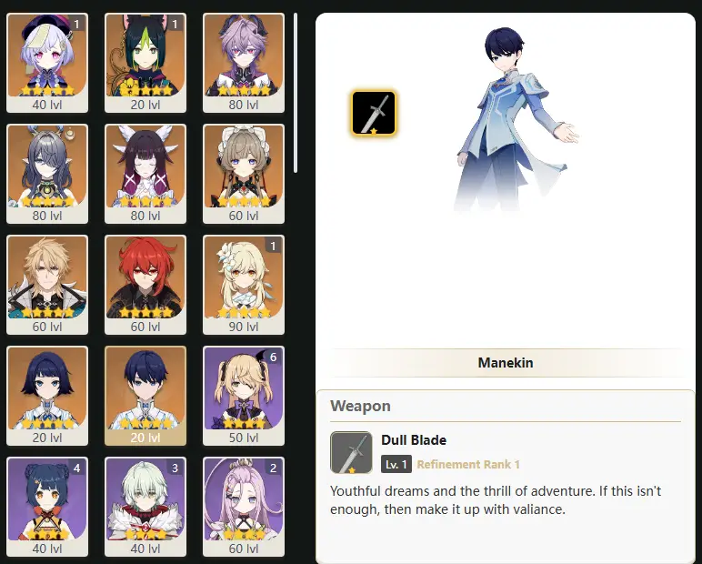 EU- AR: 50  -   50 CHARACTERS [  10 - FIVE STARS CHARACTERS ]  Qiqi - Tighnari - Durin - Lauma - Columbina - Sandrone - Varka - Diluc - Manekina - Manekin