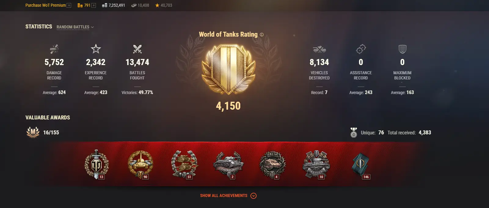 NA | 2 TOP TANKS | 147 PREMIUM TANKS | 791 GOLD | 13474 BATTLES | INACTIVE