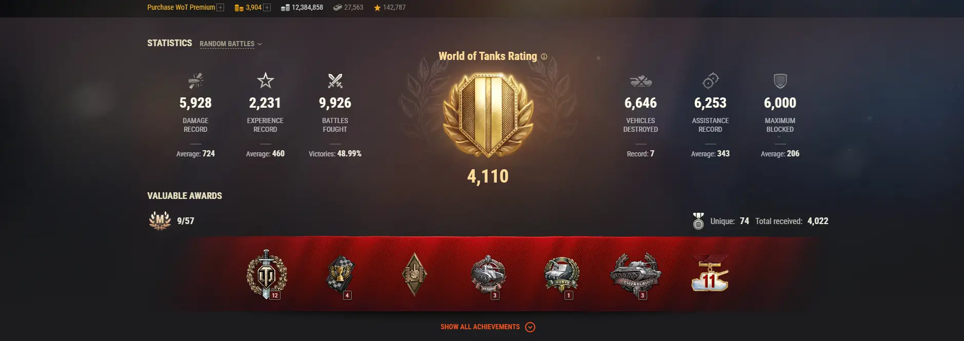 ASIA | 5 TOP TANKS | 45 PREMIUM TANKS | 3904 GOLD | 9926 BATTLES | INACTIVE