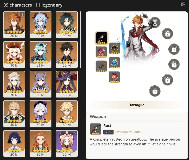 ASIA- AR:56- C1  TARTAGLIA - GANYU - XIAO - KLEE - EULA - ZHONGLI - ALBEDO - KEQING - MONA - VARKA - QIQI - MANEKINA - ALOY - 39 characters