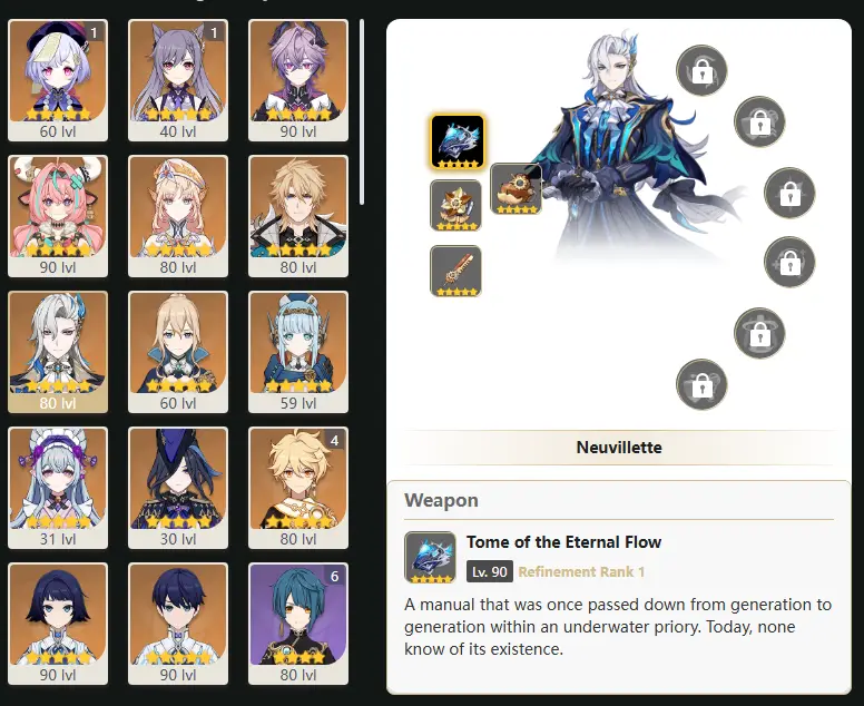 EU- AR: 57 - 52 CHARACTERS [ 13 - FIVE STARS CHARACTERS ] Qiqi - Keqing - Durin - Varesa - Nicole - Varka - Neuvillette - Jean - Ineffa - Yumemizuki Mizuki - Clorinde - Manekina - Manekin