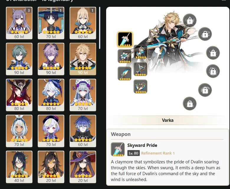 EU - AR: 59 - 60 CHARACTERS [ 15 - FIVE STARS CHARACTERS ] C3 Keqing - C1 Wanderer - C1 Jean - Lohen - Durin - Varka - Chasca - Furina - Yumemizuki Mizuki - Mualani - Qiqi - Flins - Xianyun - Dehya - Mona - Manekin - Manekina