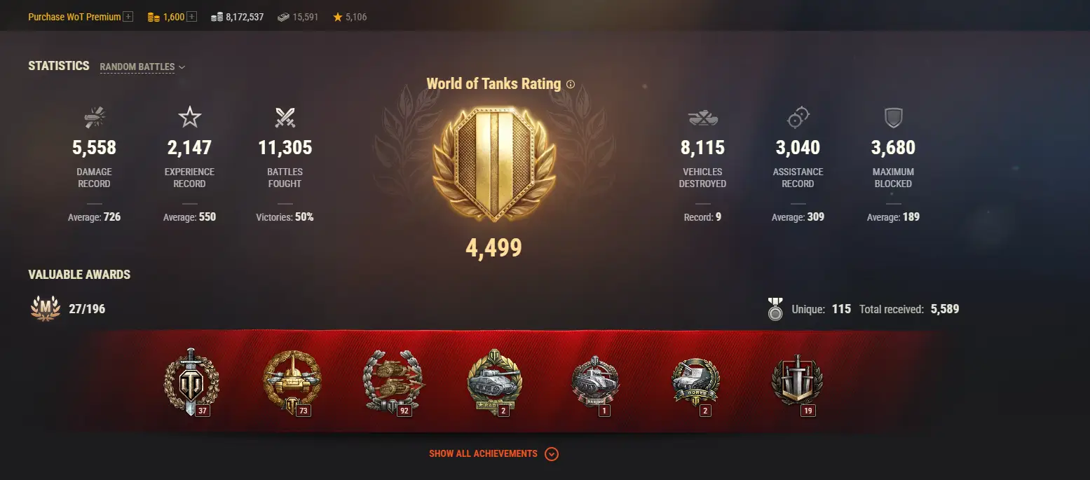 EU | 3 TOP TANKS | 185 PREMIUM TANKS | 1600 GOLD | 11305 BATTLES | INACTIVE