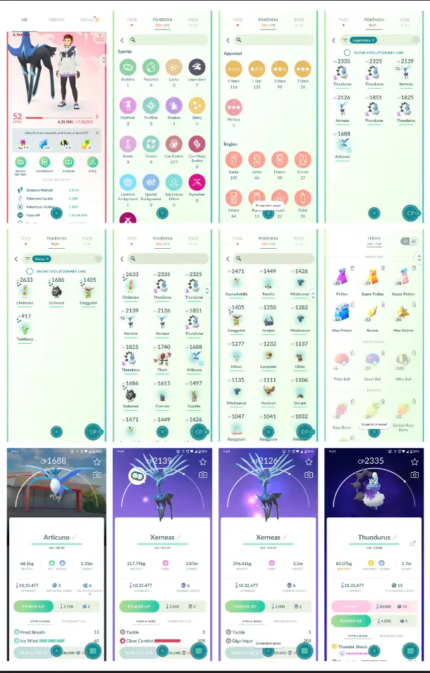 Pokémon GO - Level 52 - Kanto Background Articuno - 7x Legendary (Xerneas, Thundurus, Articuno) - 4x Shiny - 376 Pokemons - 1x Hundo - 1 Million Stardust - Full Access