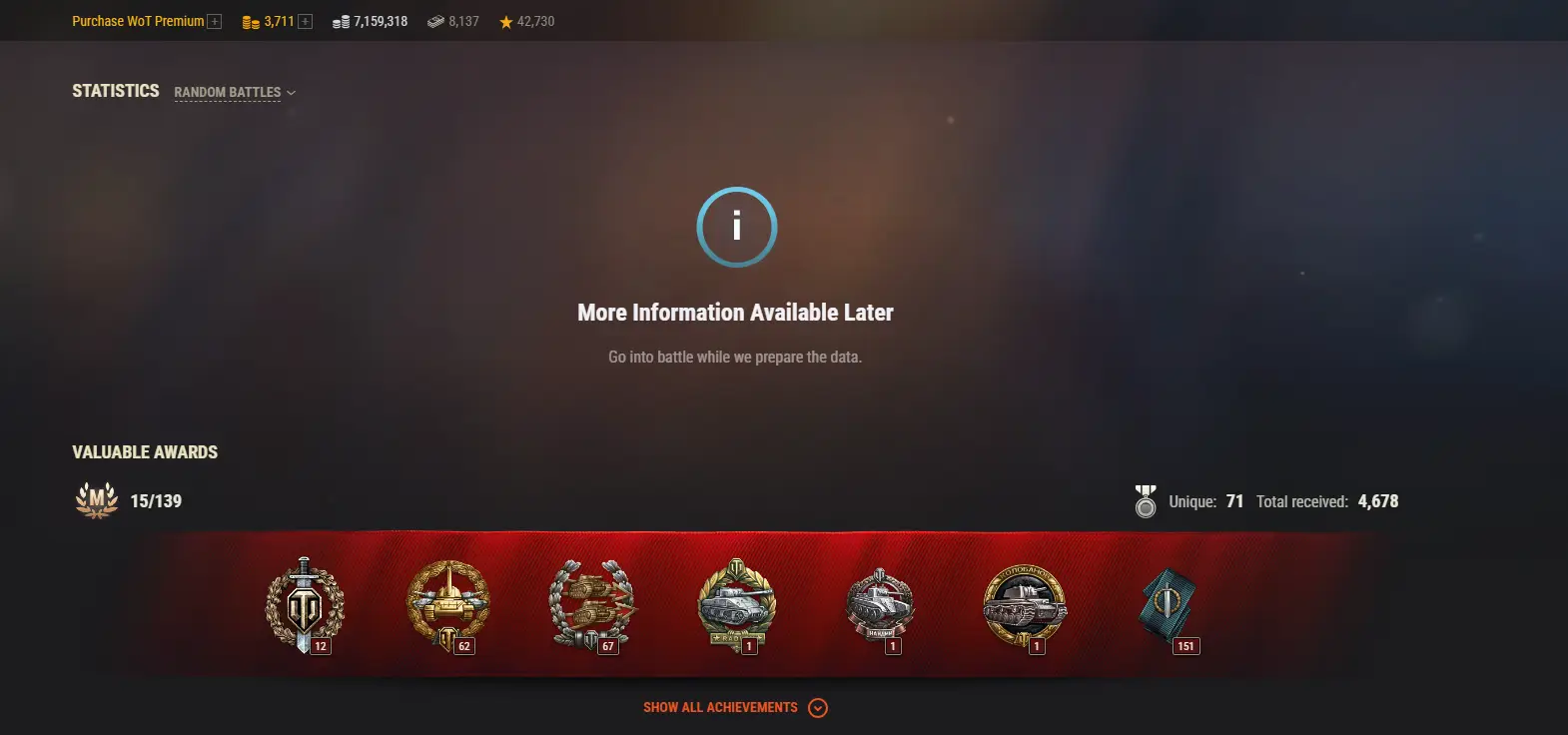 ASIA | 1 TOP TANKS | 127 PREMIUM TANKS | 3711 GOLD | 9134 BATTLES | INACTIVE