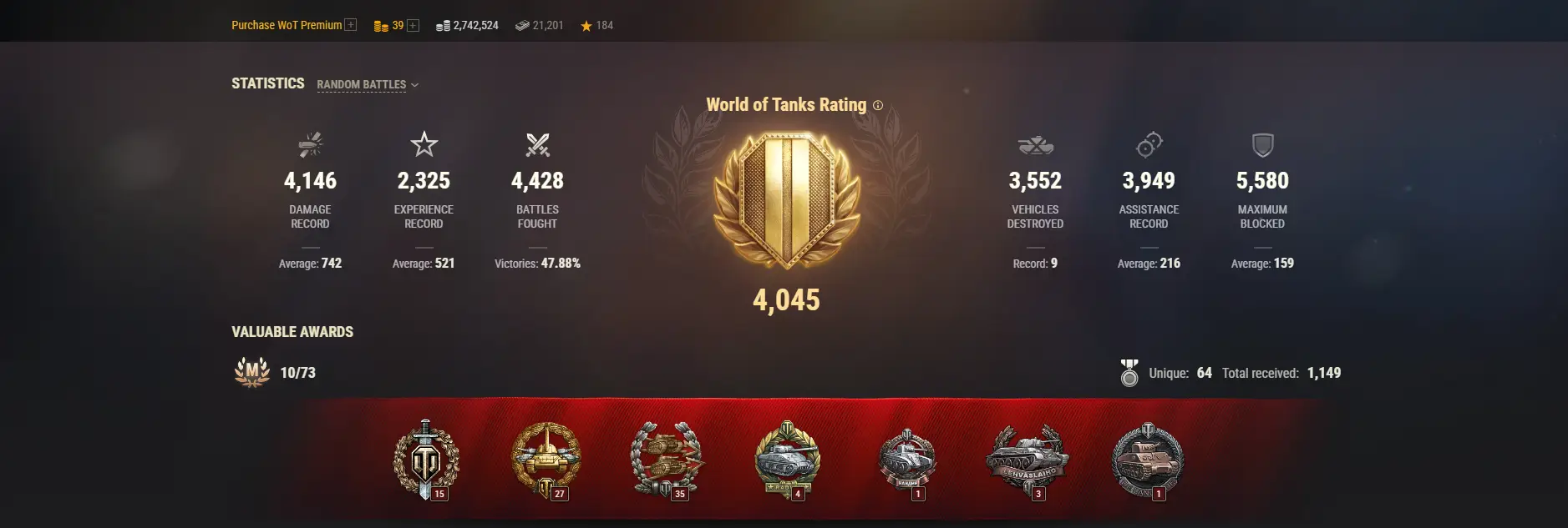 ASIA | 2 TOP TANKS | 68 PREMIUM TANKS | 39 GOLD | 4428 BATTLES | INACTIVE