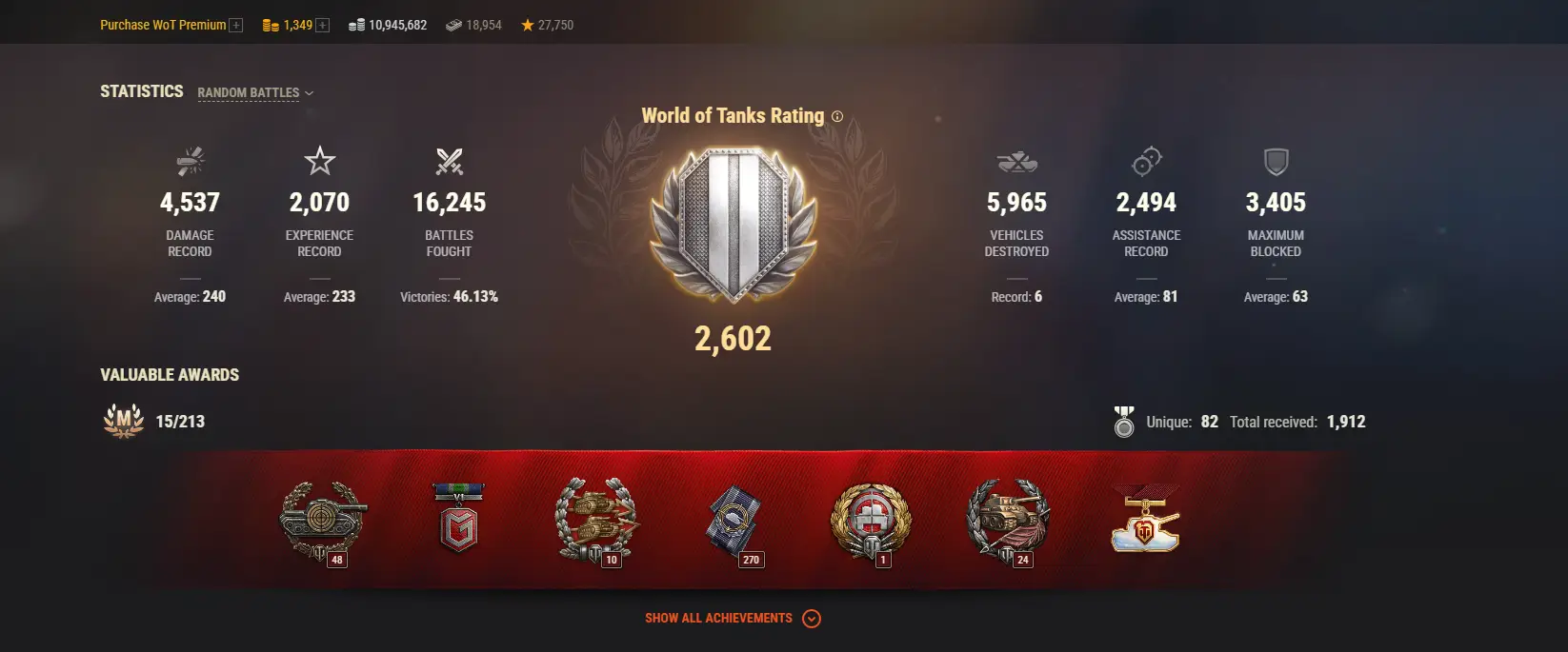 NA | 4 TOP TANKS | 198 PREMIUM TANKS | 1349 GOLD | 16245 BATTLES | INACTIVE