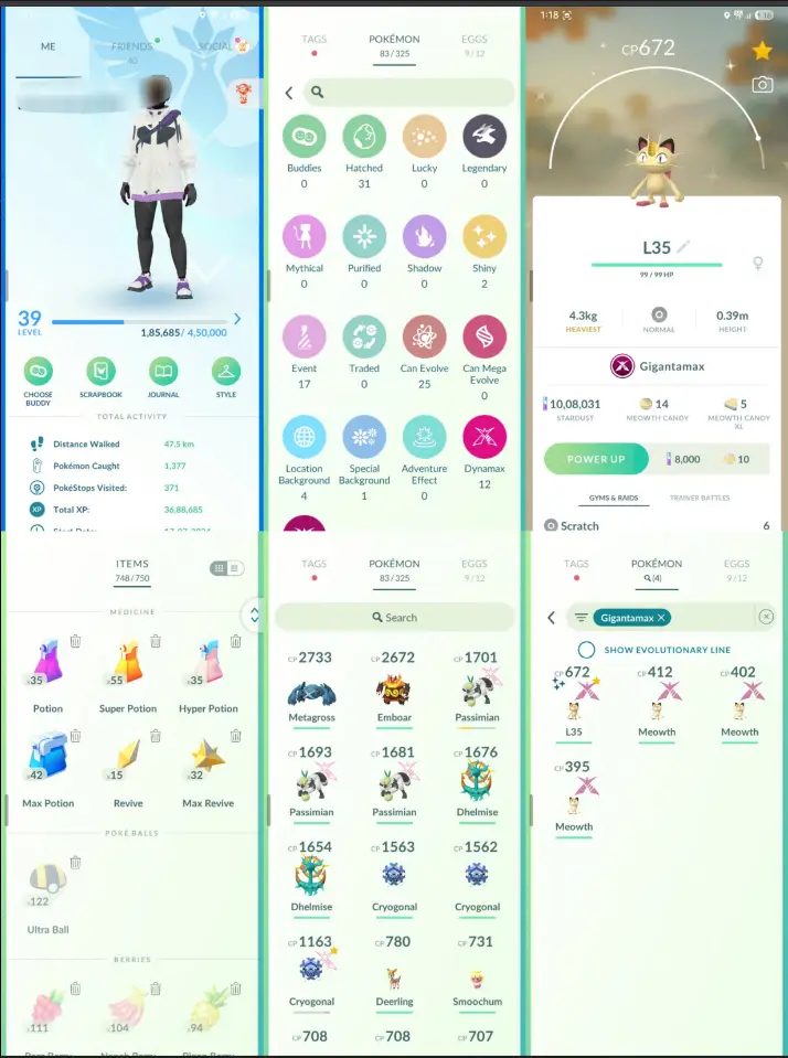 Pokémon GO - 1M+ Stardust - Shiny Gigantamax Meowth (Tradable) - 39 Mythical - 2+ Shiny - 83 Pokemons - Full Access