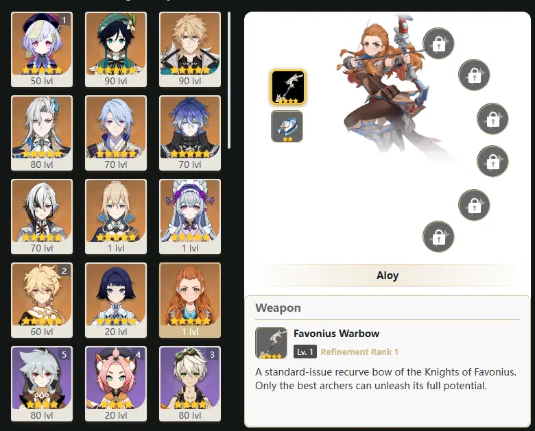 EU- AR: 55 - 44 CHARACTERS [ 11 - FIVE STARS CHARACTERS ] RARE LEGACY character: ALOY - Manekina - Yumemizuki Mizuki - Jean - Arlecchino - Flins - Kamisato Ayato - Neuvillette - Varka - Venti - Qiqi
