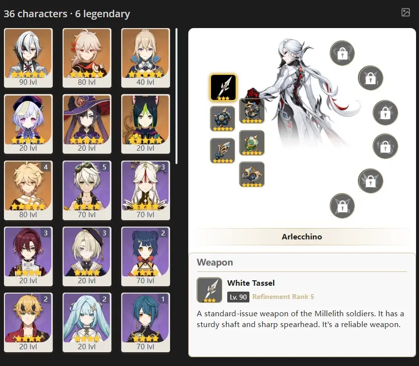 ASIA- AR:52- ARLECCHINO - KAEDEHARA KAZUHA - JEAN - QIQI - MONA - TIGHNARI  -36 characters