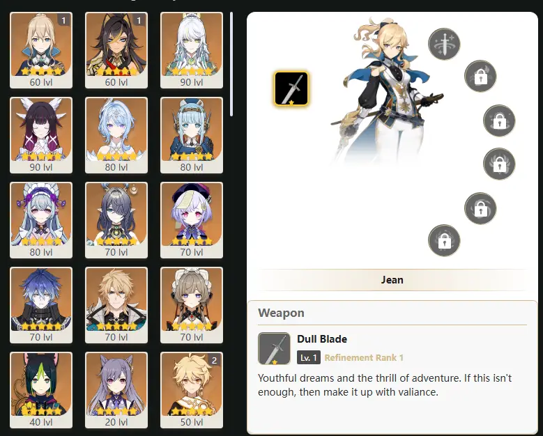 EU - AR: 56 - 58 CHARACTERS [ 16 - FIVE STARS CHARACTERS ] C1 Jean - C1 Dehya - Zibai - Columbina - Odette - Ineffa - Yumemizuki Mizuki - Lauma - Qiqi - Flins - Varka - Sandrone - Tighnari - Keqing - Manekin - Manekina