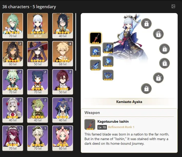 EU - AR:51-BAIZHU - KAMISATO AYAKA - XIANYUN - C2 DEHYA - MONA -36 characters