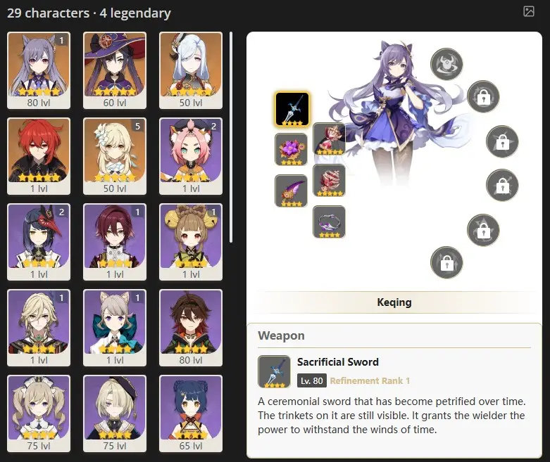 EU- AR:47-  KEQING - DILUC - SHENHE - MONA - 29 characters