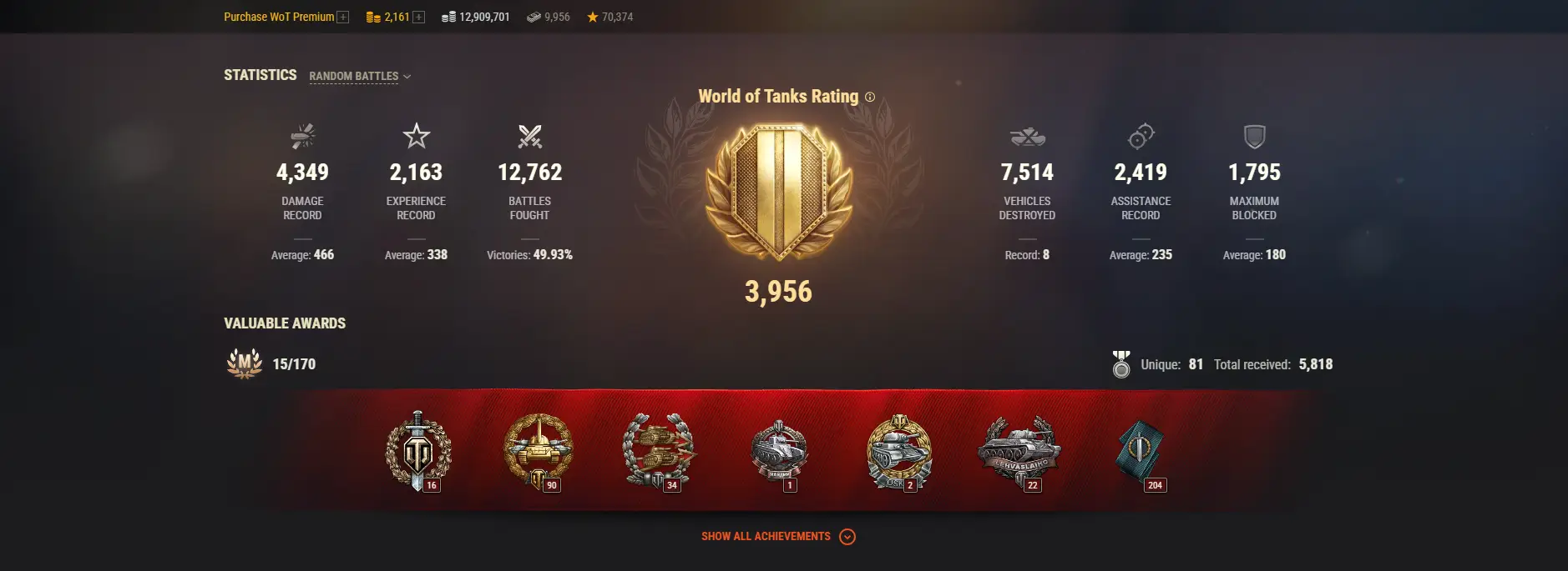 ASIA | 0 TOP TANKS | 159 PREMIUM TANKS | 2161 GOLD | 12762 BATTLES | INACTIVE