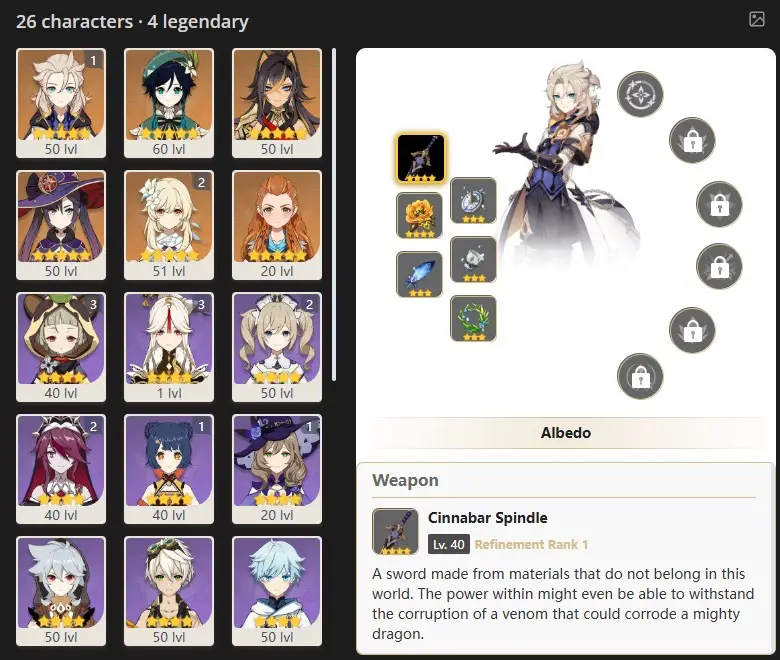 ASIA- AR:35 -C1 ALBEDO - ALOY - MONA - DEHYA - VENTI - 26 characters