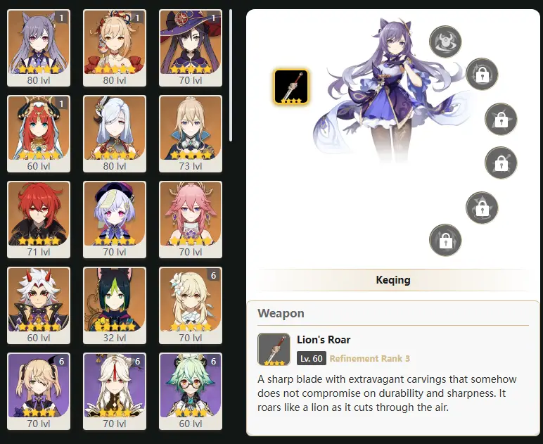 EU - AR: 56 - 48 CHARACTERS [ 11 - FIVE STARS CHARACTERS ] C1 Keqing - C1 Yoimiya - C1 Mona - Nilou - Shenhe - Jean - Diluc - Qiqi - Yae Miko - Arataki Itto - Tighnari