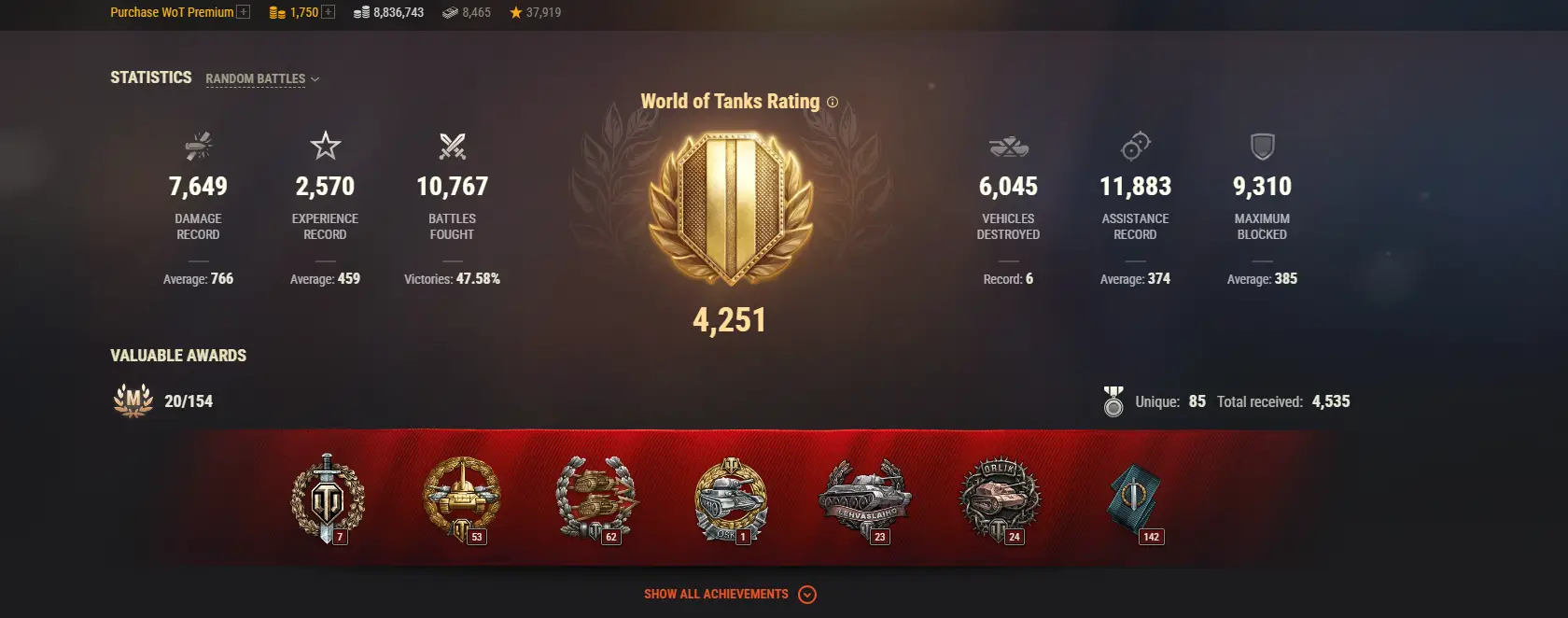 ASIA | 3 TOP TANKS | 145 PREMIUM TANKS | 1750 GOLD | 10767 BATTLES | INACTIVE