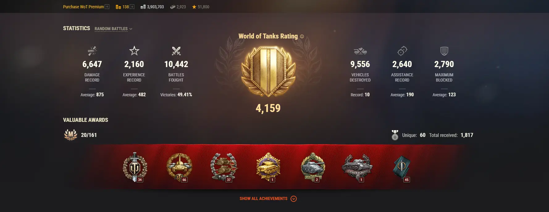 ASIA | 3 TOP TANKS | 151 PREMIUM TANKS | 138 GOLD | 10442 BATTLES | INACTIVE