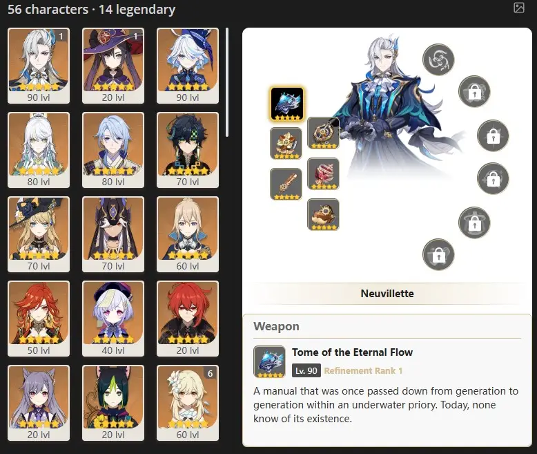 EU- AR:55-  C1 NEUVILLETTE -C1 MONA - FURINA - ZIBAI - KAMISATO AYATO - KINICH - NAVIA - CYNO - JEAN - MAVUIKA - QIQI - DILUC  - 56 characters