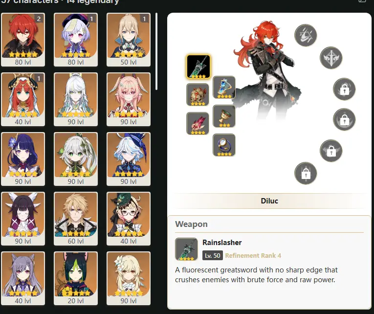 EU- AR: 58 - 57 CHARACTERS [ 16 - FIVE STARS CHARACTERS ]  Diluc - Qiqi - Jean - Nilou - Zibai - Linnea - Raiden Shogun - Nahida - Furina - Columbina - Varka - Emilie - Keqing - Tighnari - Manekina - Manekin