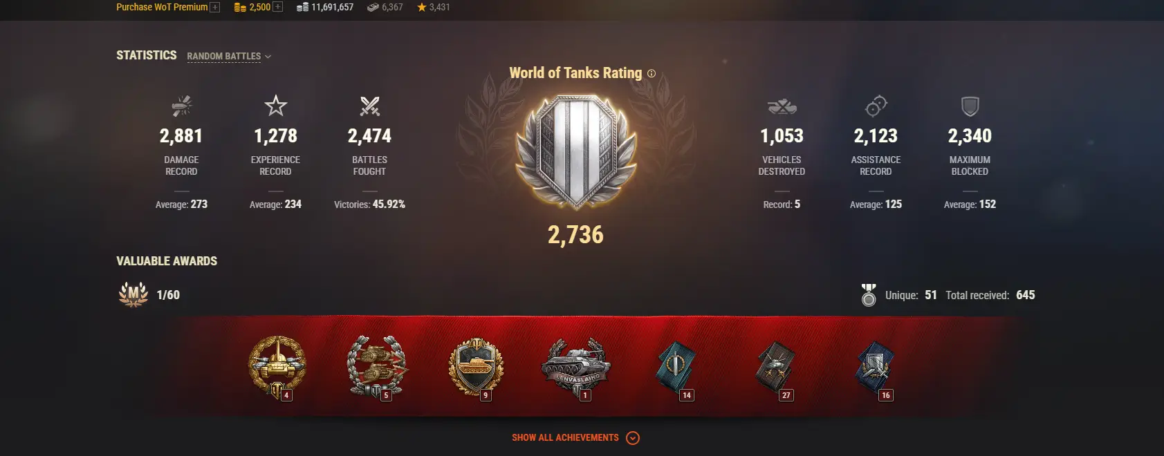 ASIA | 2 TOP TANKS | 53 PREMIUM TANKS | 2500 GOLD | 2474 BATTLES | INACTIVE
