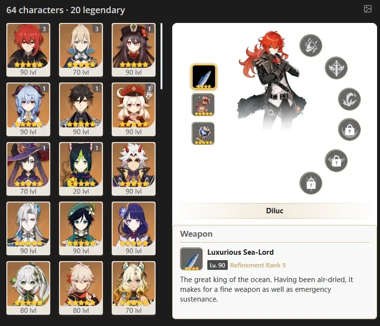 EU- AR:58- C3 DILUC - ALOY - C3 JEAN - C1 HU TAO - VARKA - C1 GANYU - C1 ZHONGLI - C1 KLEE - C1 MONA - C1 TIGHNARI - XILONEN - COLUMBINA - 64 characters