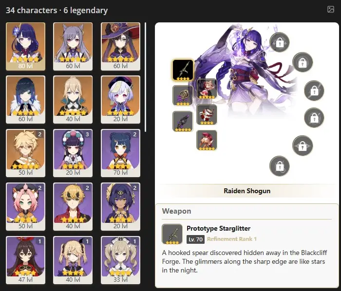 EU - AR:45-RAIDEN SHOGUN - KEQING - MONA - YELAN - JEAN - QIQI   -34 characters