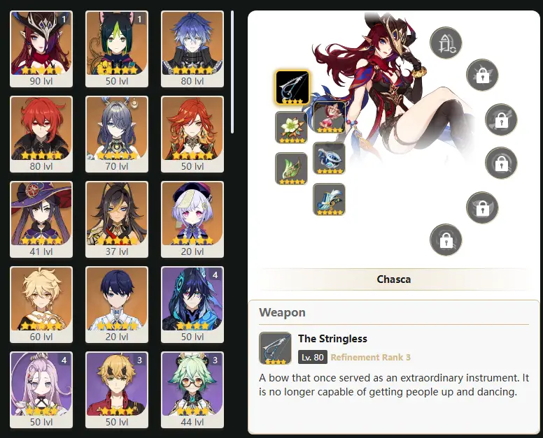 EU - AR: 55 - 49 CHARACTERS [ 10 - FIVE STARS CHARACTERS ] C1 Chasca - C1 Tighnari - Flins - Diluc - Lauma - Mavuika - Mona - Dehya - Qiqi - Manekin