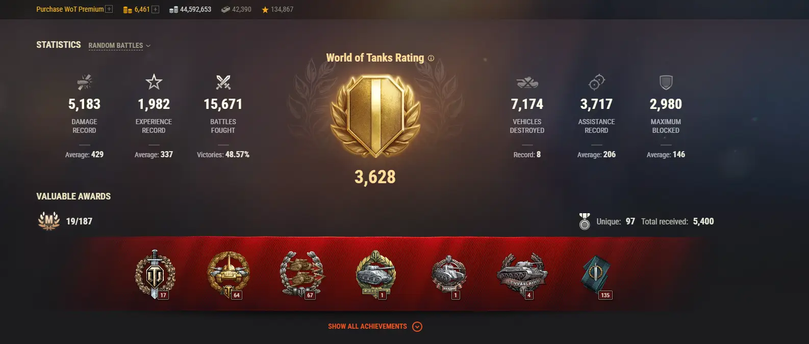 NA | 3 TOP TANKS | 175 PREMIUM TANKS | 6461 GOLD | 15671 BATTLES | INACTIVE