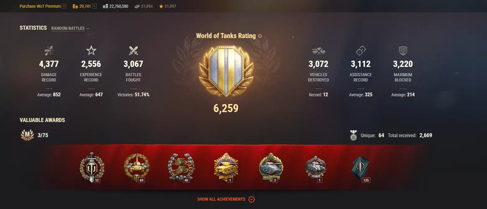 NA | 4 TOP TANKS | 62 PREMIUM TANKS | 29741 GOLD | 3067 BATTLES | INACTIVE