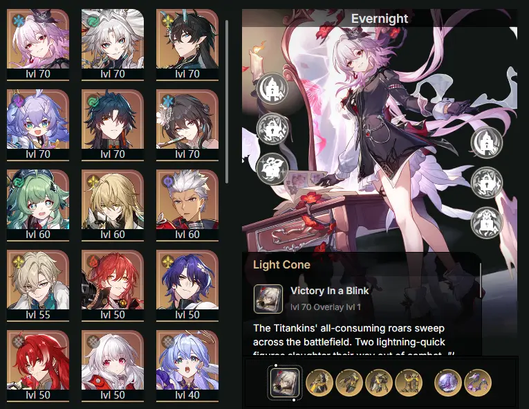 EU - Trailblaze Level: 56 - 37 CHARACTERS - Robin - Feixiao - Evernight - Dan Heng • Imbibitor Lunae - Bailu - Blade - Huohuo - Luocha - Archer - Aventurine - Himeko - Dr. Ratio - Argenti - Clara - Fu Xuan - Dan Heng • Permansor Terrae