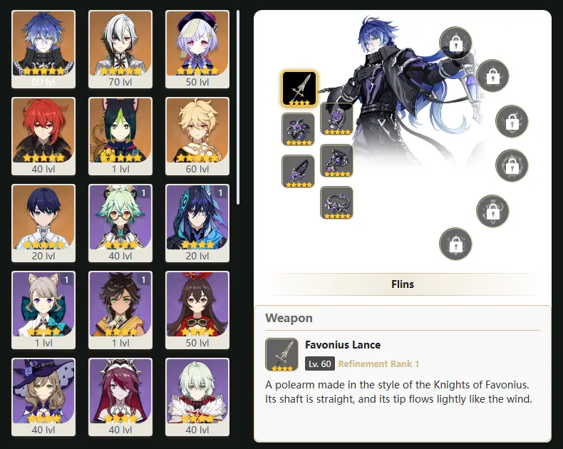 NA - AR: 47 - 31 CHARACTERS [ 6 - FIVE STARS CHARACTERS ] - Flins - Arlecchino - Qiqi - Diluc - Tighnari - Manekin