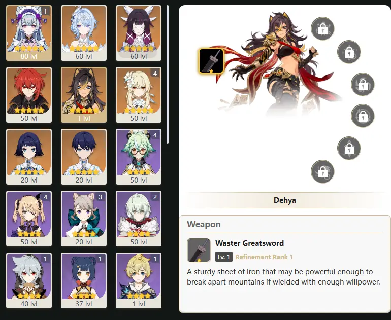 EU - AR: 45 - 33 CHARACTERS [ 7 - FIVE STARS CHARACTERS ] C1 Yumemizuki Mizuki - Odette - Columbina - Diluc - Dehya - Manekina - Manekin