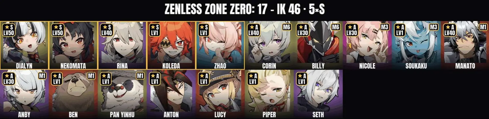 Zenless Zone Zero - Inter-Knot 46 - 17 Agents - 5x S-Rank (Dialyn, Nekomata, Rina, Koleda, Zhao) - Corin - Manato - Billy - Full Access