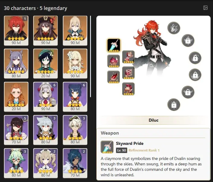 ASIA - AR:55- C1 DILUC - HU TAO - JEAN - KEQING - VENTI - TRAVELER - ALOY  -30characters