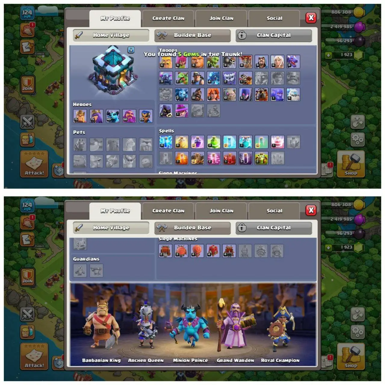 {75% DISCOUNT} TH13 NEAR MAX ID⚡️5 EPIC EQUIPMENT⚡️XP-124⚡️HERO 75-75-49-50-25⚡️500 GEMS NAME CHANGE⚡️ 221 CWL MEDALS⚡️ MAGIC ITEMS⚡️OP LAB⚡️INSTANT DELIVERY 🚚