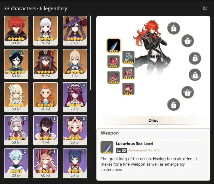 ASIA - AR:45- DILUC - KAMISATO AYAKA - MONA - VENTI - HU TAO - JEAN - ALOY -33 characters