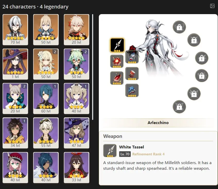 ---  -----Genshin Impact  legendary weapons: 0 constellations: 0 Adventure Experience: 39 Characters: 24 Achievements: 137 Twisted abyss: -