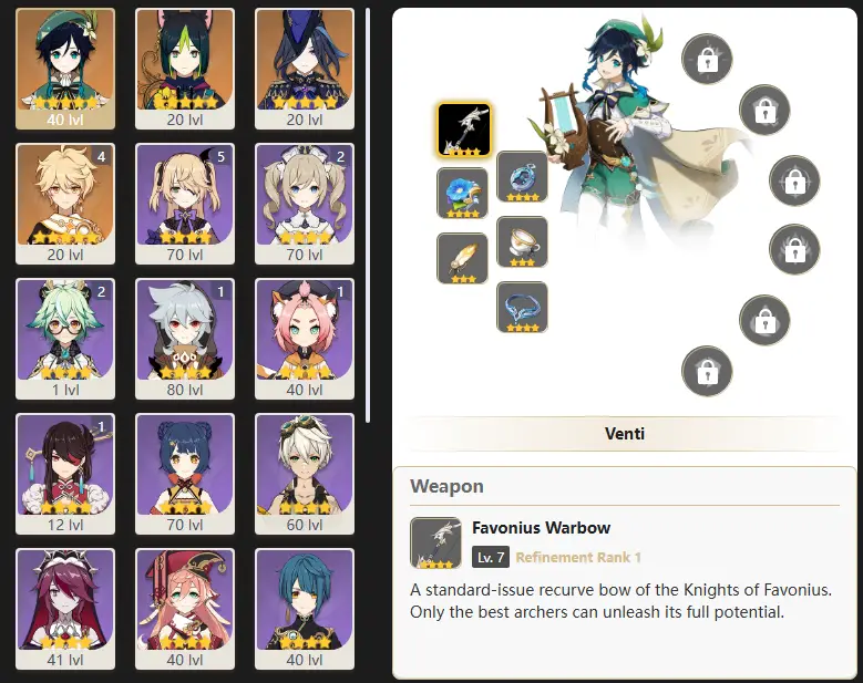 EU- AR: 44 - 24 CHARACTERS [ 3 - FIVE STARS CHARACTERS ] Venti - Tighnari - Clorinde