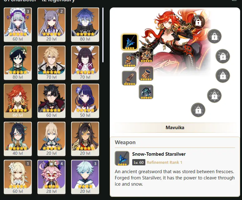 EU- AR: 57 - 55 CHARACTERS [ 12 - FIVE STARS CHARACTERS ] C3 Yumemizuki Mizuki - Keqing - Flins - Venti - Varka - Columbina - Mavuika - Wriothesley - Raiden Shogun - Xianyun - Jean - Dehya