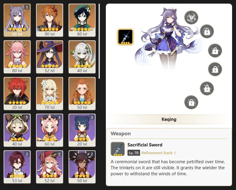 EU- AR: 52 - 35 CHARACTERS [ 8 - FIVE STARS CHARACTERS ] C1 Keqing - Tartaglia - Venti - Yae Miko - Mona - Nahida - Diluc - Aloy