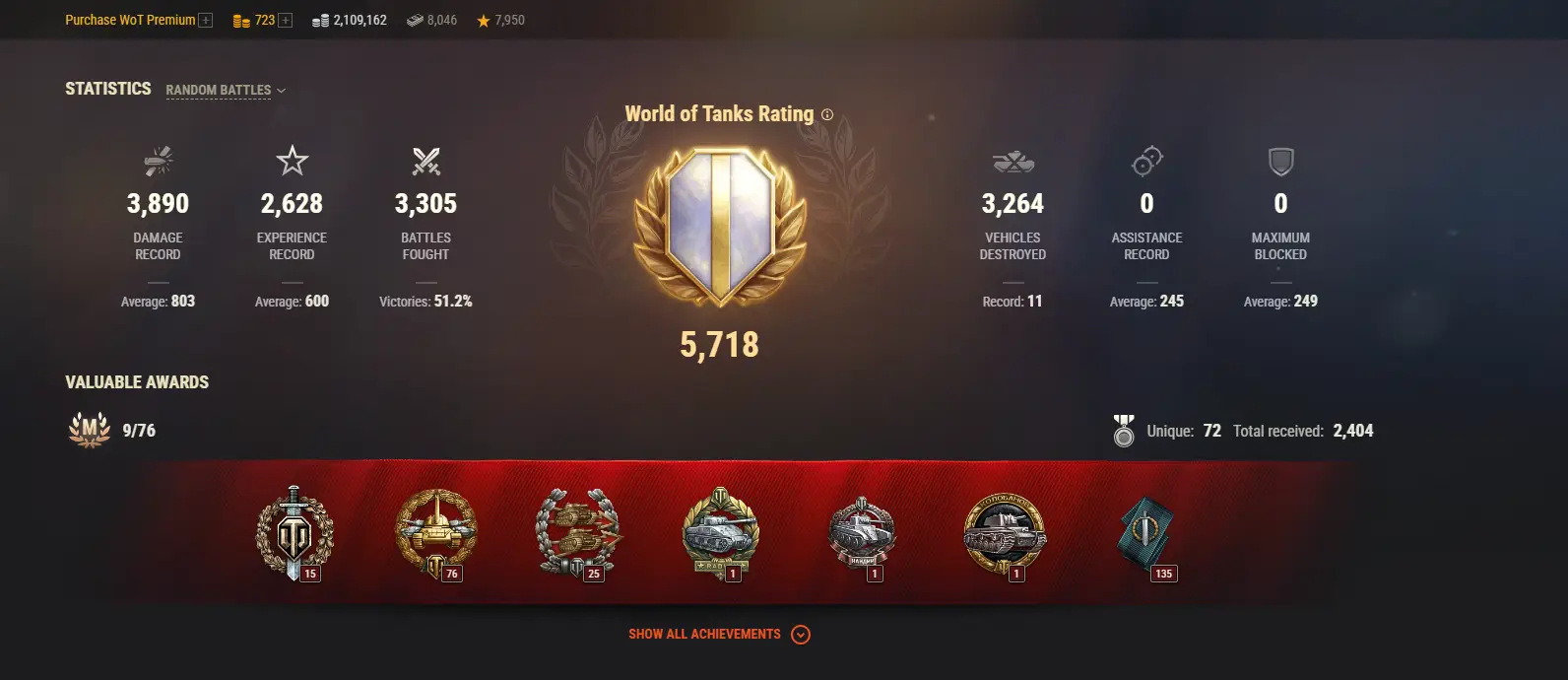NA | 2 TOP TANKS | 67 PREMIUM TANKS | 723 GOLD | 3305 BATTLES | INACTIVE