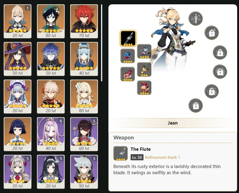 EU - AR: 50 - 34 CHARACTERS [ 9 - FIVE STARS CHARACTERS ] C1 Jean - Venti - Diluc - Mona - Flins - Ineffa - Yumemizuki Mizuki - Kaedehara Kazuha - Manekina