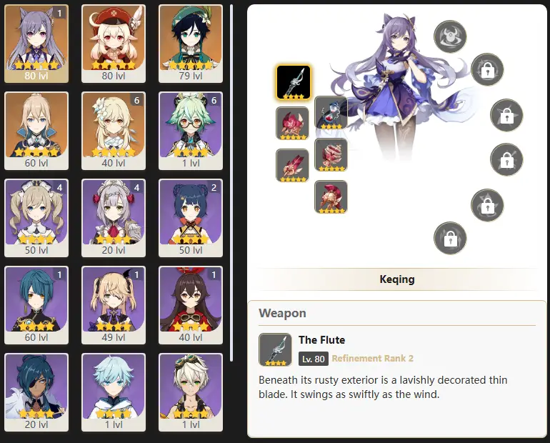 EU- AR: 43 - 18 CHARACTERS [ 4 - FIVE STARS CHARACTERS ] C1 Keqing - Venti - Klee - Jean