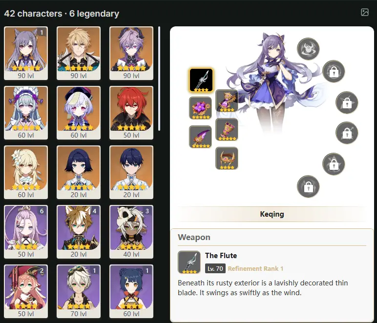 EU- AR: 53 - 42 CHARACTERS [ 8 - FIVE STARS CHARACTERS ] C1 Keqing - Varka - Durin - Yumemizuki Mizuki - Qiqi - Diluc - Manekina - Manekin