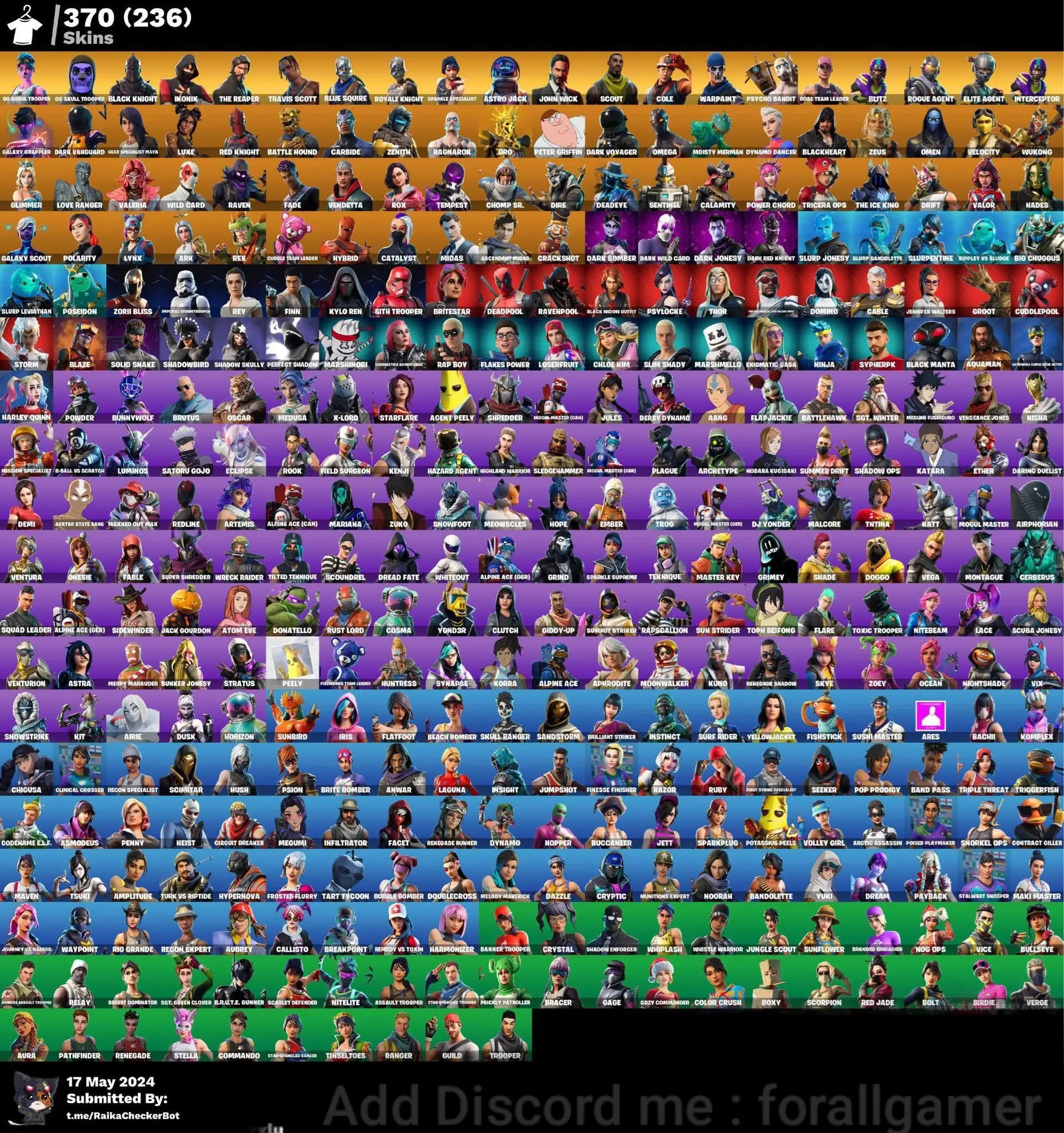 370 SKIN OG STW OG Ghoul Trooper OG Skull Trooper Black Knight Aerial Assault One IKONIK The Reaper Travis Scot