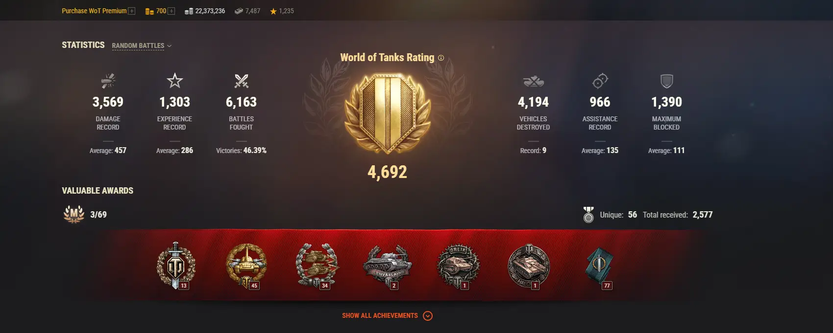ASIA | 2 TOP TANKS | 59 PREMIUM TANKS | 700 GOLD | 6163 BATTLES | INACTIVE