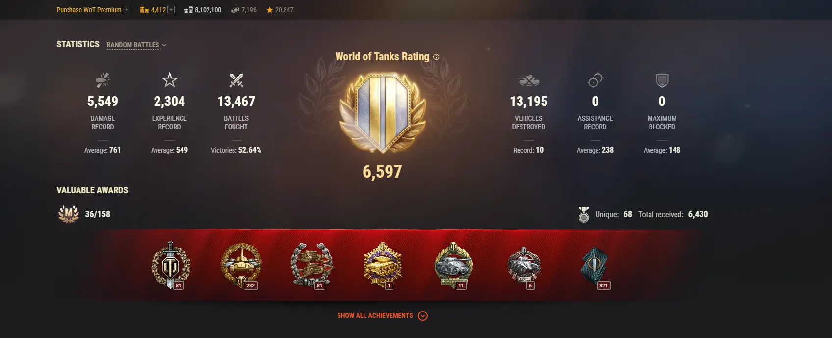 ASIA | 3 TOP TANKS | 148 PREMIUM TANKS | 4412 GOLD | 13467 BATTLES | INACTIVE